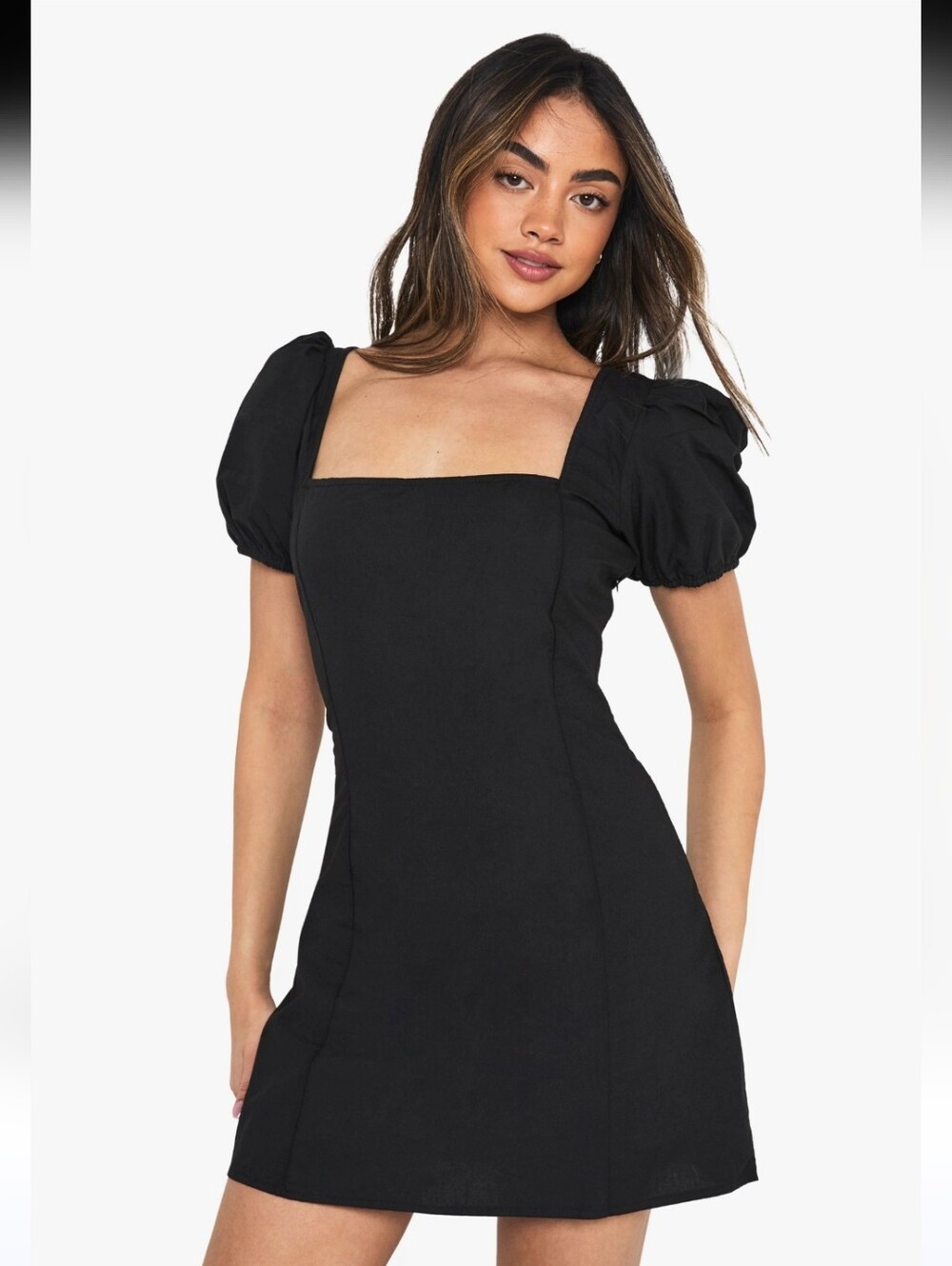 Linen Zara Little Black Square-Neck Puff-Sleeve Mini Dress Minimalist Milkmaid